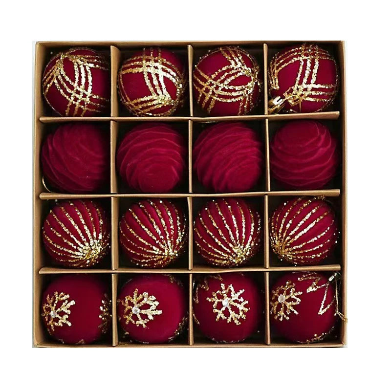 12/16Pcs 6Cm Wine Red Christmas Ball Ornaments Flocking Christmas Tree Party Decoration New Year Christmas Spheres Pendant Balls