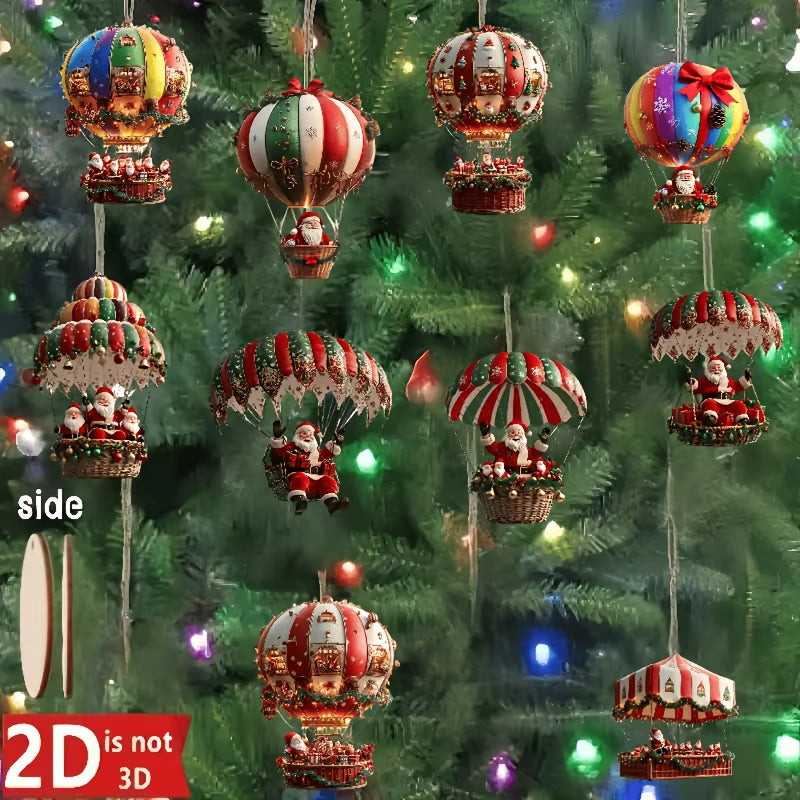10Pcs Christmas Wooden Hot Air Balloon Santa Claus 2D Flat Wooden Pendant Christmas Tree Decoration Perfect Holiday Gift Decor