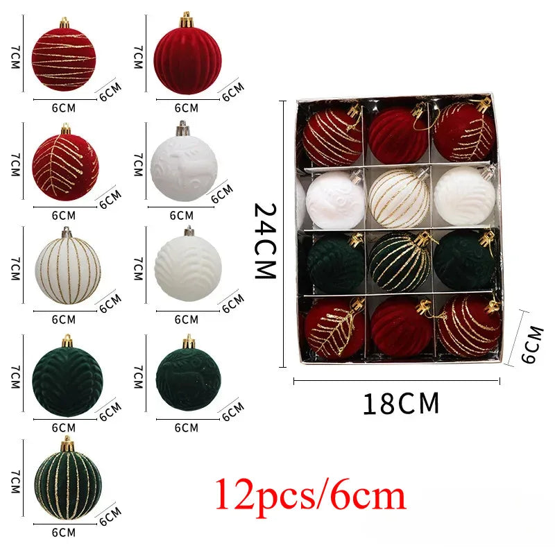 12/16Pcs 6Cm Wine Red Christmas Ball Ornaments Flocking Christmas Tree Party Decoration New Year Christmas Spheres Pendant Balls