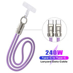 240W USB-C Fast Charging Phone Lanyard 7Mm Nylon Crossbody Wrist Strap Lanyard Data Cable 2 in 1 Smartphone Cellphone