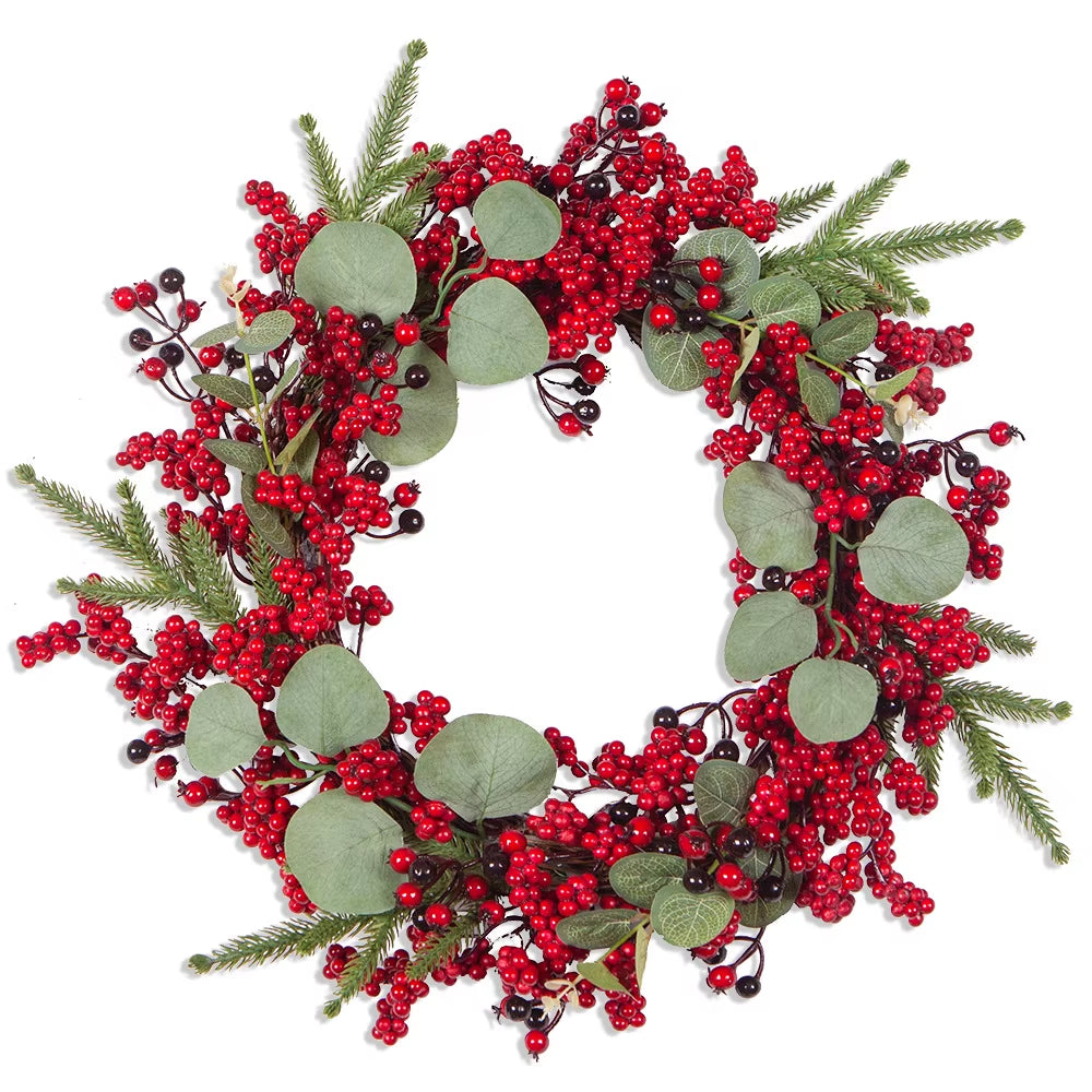 Yeenanee Christmas Decoration Wreaths for Front Door Handmade Cypress Leaf Red Berry Pine Wreath Xmas Home Wall Window Decor