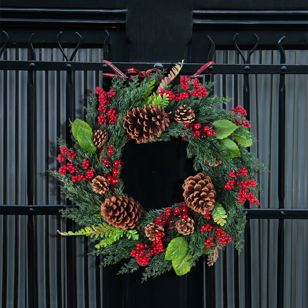 Yeenanee Christmas Decoration Wreaths for Front Door Handmade Cypress Leaf Red Berry Pine Wreath Xmas Home Wall Window Decor