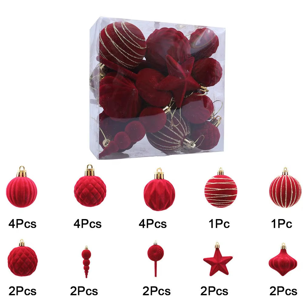 24Pcs Colorful Flocking Christmas Ball Reusable Decorative Pentagram Christmas Ball Shatterproof Christmas Hanging Balls