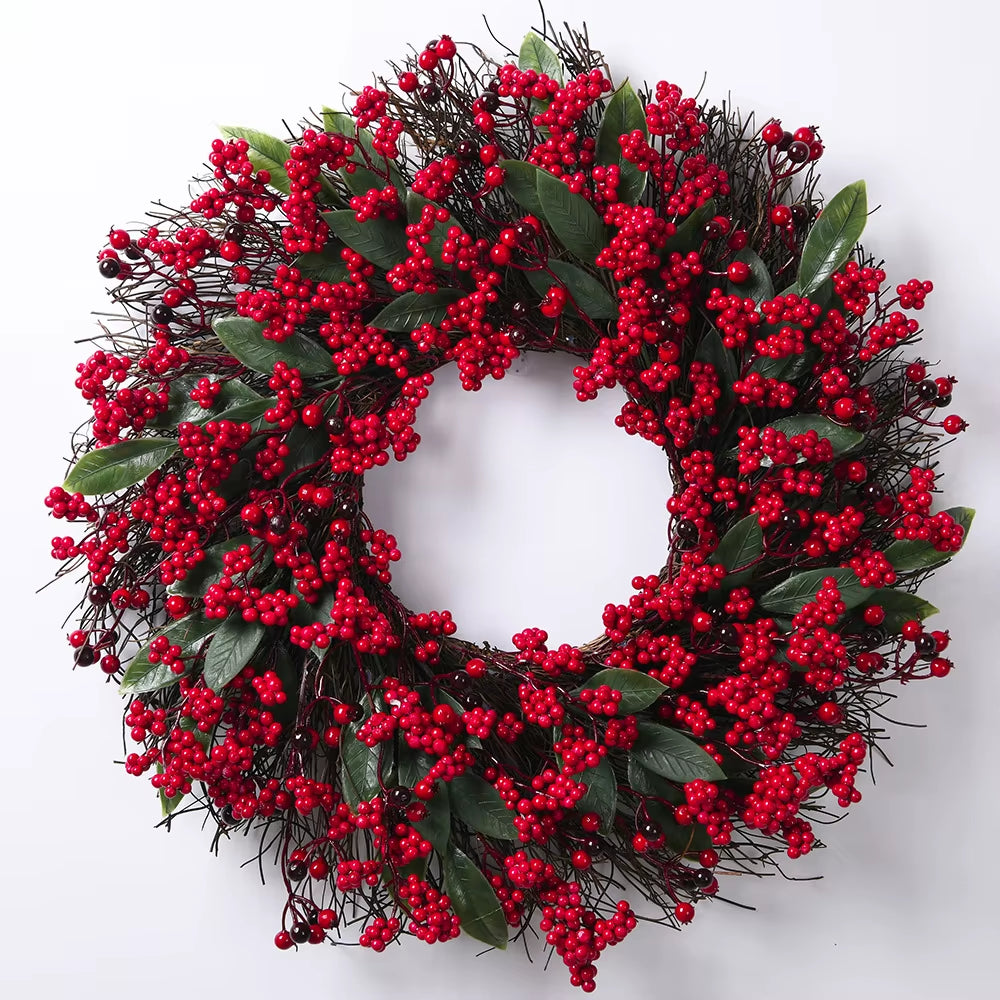 Yeenanee Christmas Decoration Wreaths for Front Door Handmade Cypress Leaf Red Berry Pine Wreath Xmas Home Wall Window Decor