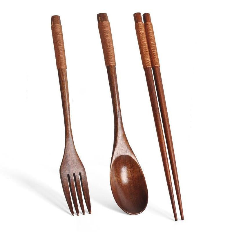 Wooden Tableware Set, 3 Counts/Set Including Spoon, Chopsticks & Fork Set, Handmade Household Tableware, Kitchen Utensils