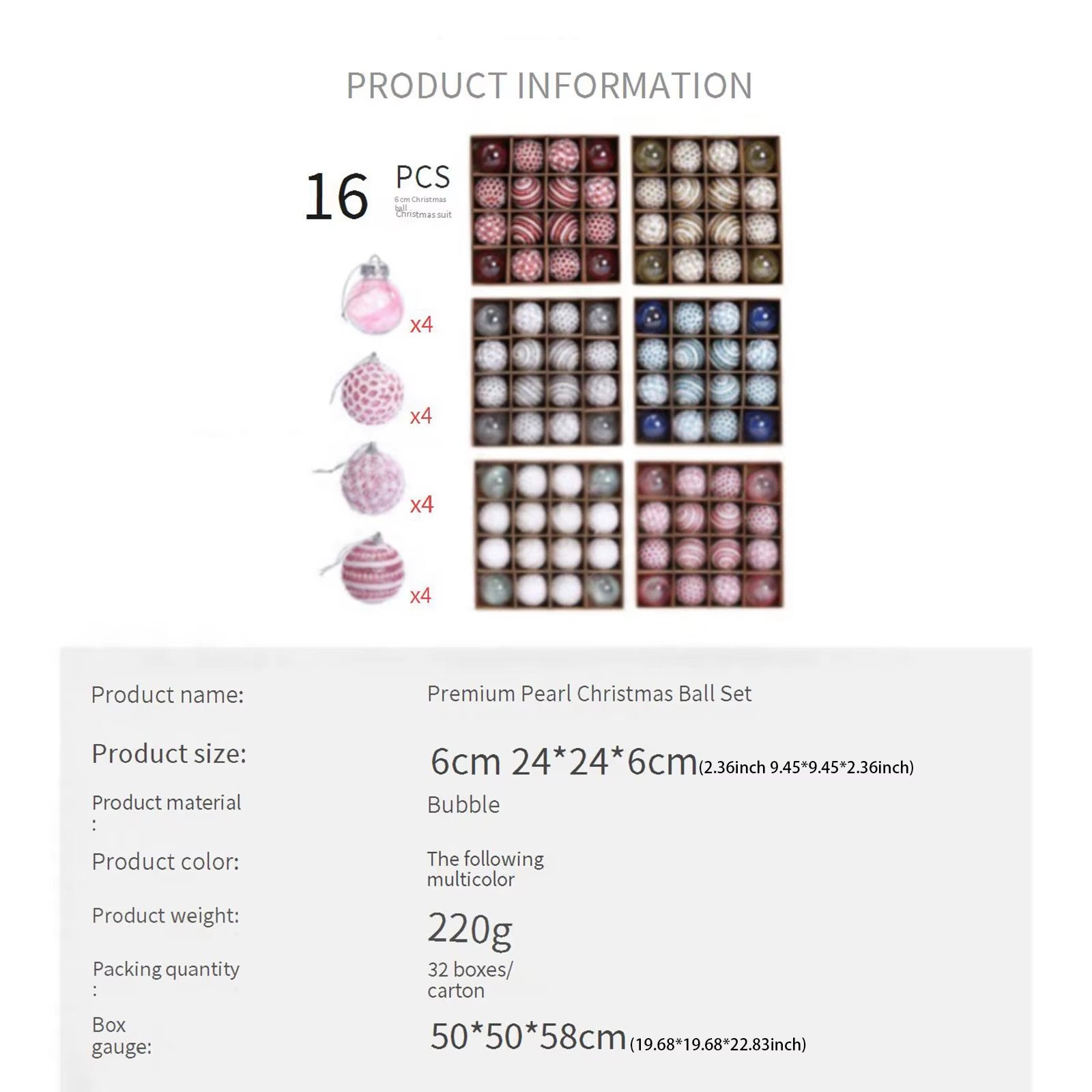 16Pcs Christmas Balls Ornament Set Plastic Glitter Pearl Shatterproof Christmas Tree Hanging Pendant