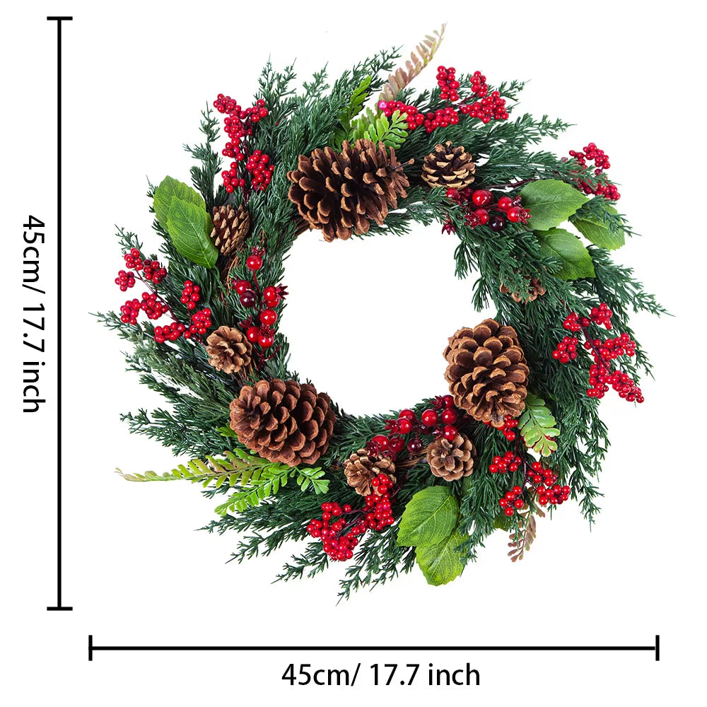 Yeenanee Christmas Decoration Wreaths for Front Door Handmade Cypress Leaf Red Berry Pine Wreath Xmas Home Wall Window Decor
