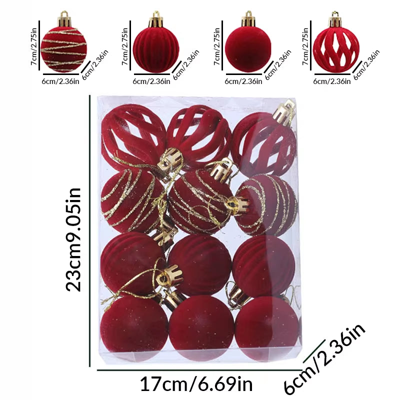 6/12Pcs Velvet Christmas Tree Hanging Balls 6Cm Flocked Ball Set Break-Resistant Ornaments for Home Holiday Wedding Party Decor