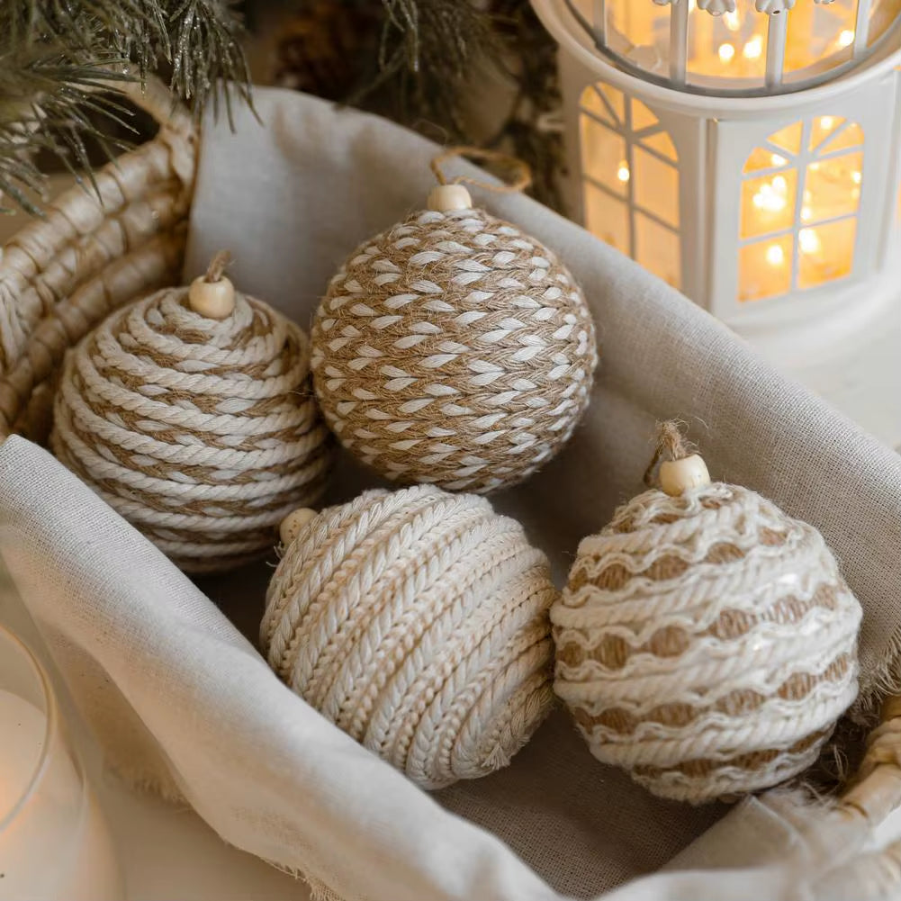 Christmas Ball Ornament Linen Design Rustic Distressed Xmas Tree Hanging Ball Farmhouse Christmas Ball Set Home Decor