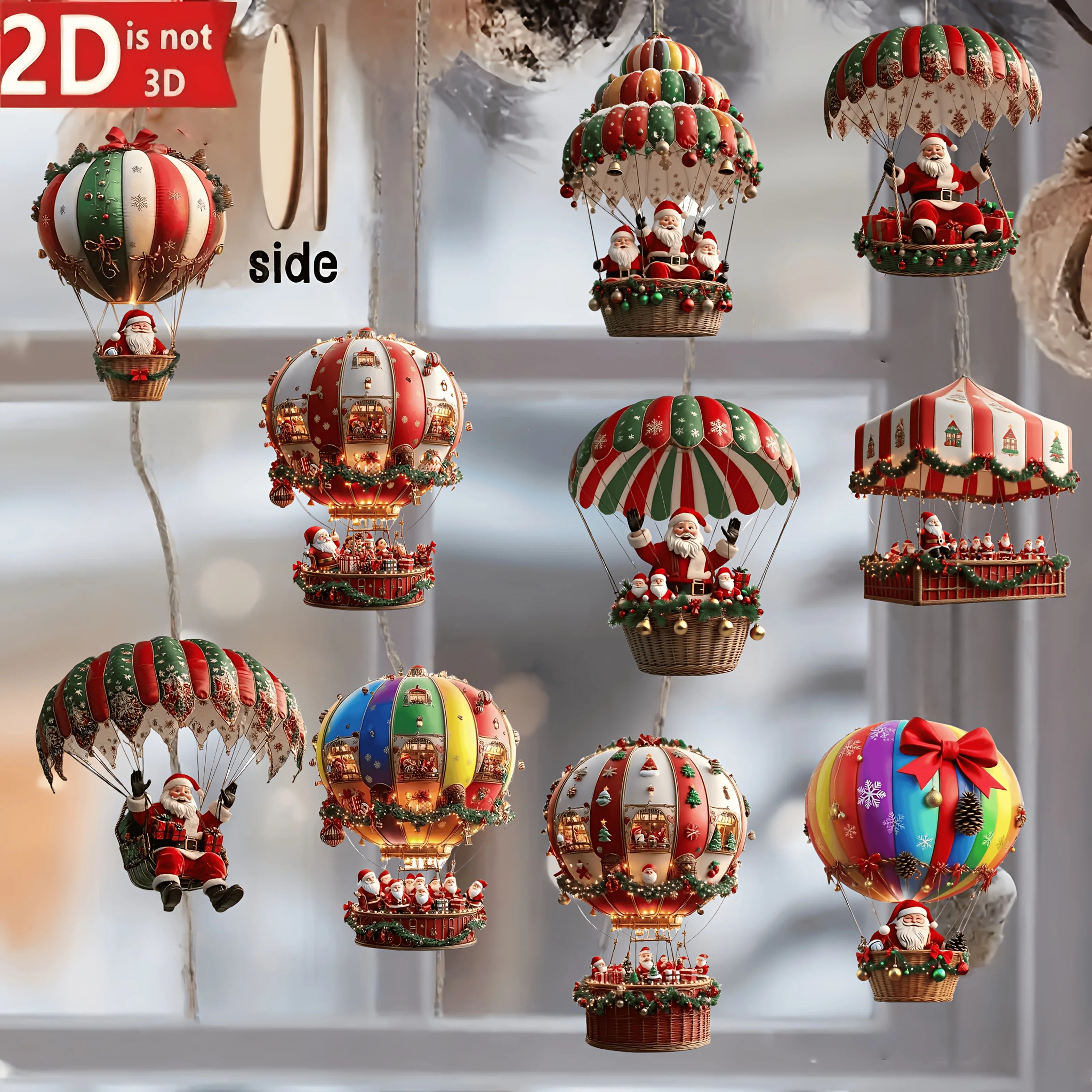 10Pcs Christmas Wooden Hot Air Balloon Santa Claus 2D Flat Wooden Pendant Christmas Tree Decoration Perfect Holiday Gift Decor
