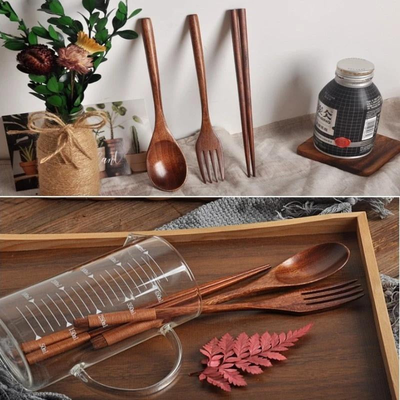 Wooden Tableware Set, 3 Counts/Set Including Spoon, Chopsticks & Fork Set, Handmade Household Tableware, Kitchen Utensils