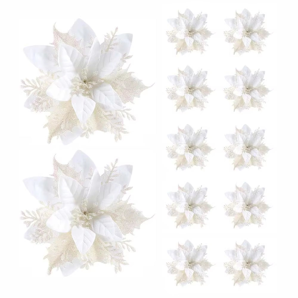 5/10Pcs 14.5Cm Christmas Flower Ornaments,Pink,Red,Gold,Glitter Artifical Flowers for Christmas Tree,Xmas Decoration for Home