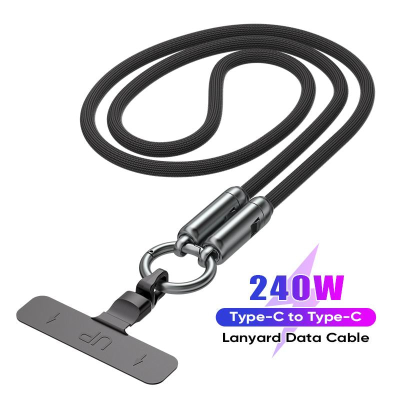 240W USB-C Fast Charging Phone Lanyard 7Mm Nylon Crossbody Wrist Strap Lanyard Data Cable 2 in 1 Smartphone Cellphone