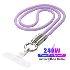 240W USB-C Fast Charging Phone Lanyard 7Mm Nylon Crossbody Wrist Strap Lanyard Data Cable 2 in 1 Smartphone Cellphone