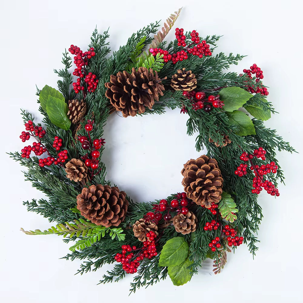 Yeenanee Christmas Decoration Wreaths for Front Door Handmade Cypress Leaf Red Berry Pine Wreath Xmas Home Wall Window Decor