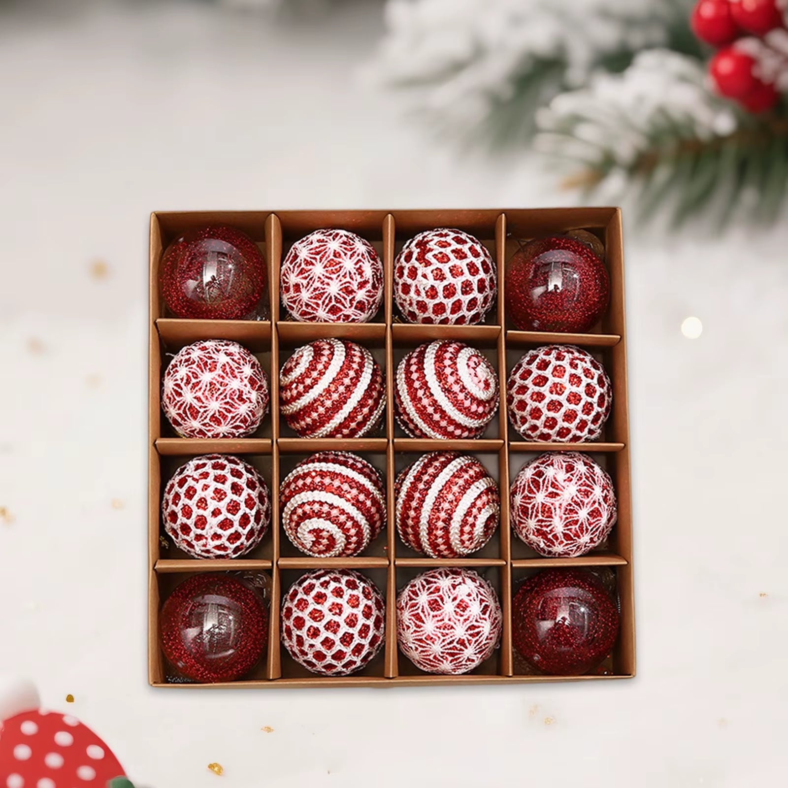 16Pcs Christmas Balls Ornament Set Plastic Glitter Pearl Shatterproof Christmas Tree Hanging Pendant