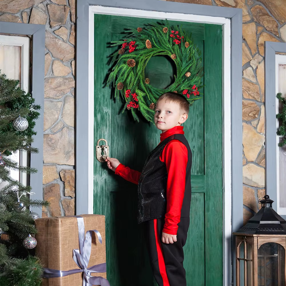 Yeenanee Christmas Decoration Wreaths for Front Door Handmade Cypress Leaf Red Berry Pine Wreath Xmas Home Wall Window Decor