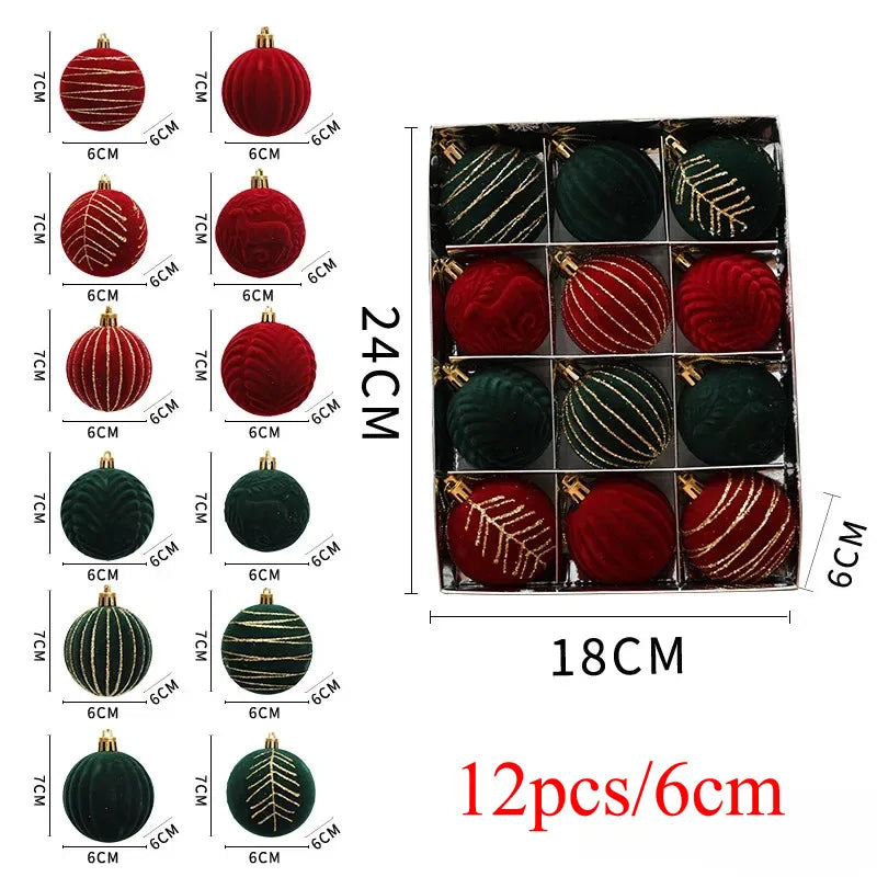12/16Pcs 6Cm Wine Red Christmas Ball Ornaments Flocking Christmas Tree Party Decoration New Year Christmas Spheres Pendant Balls
